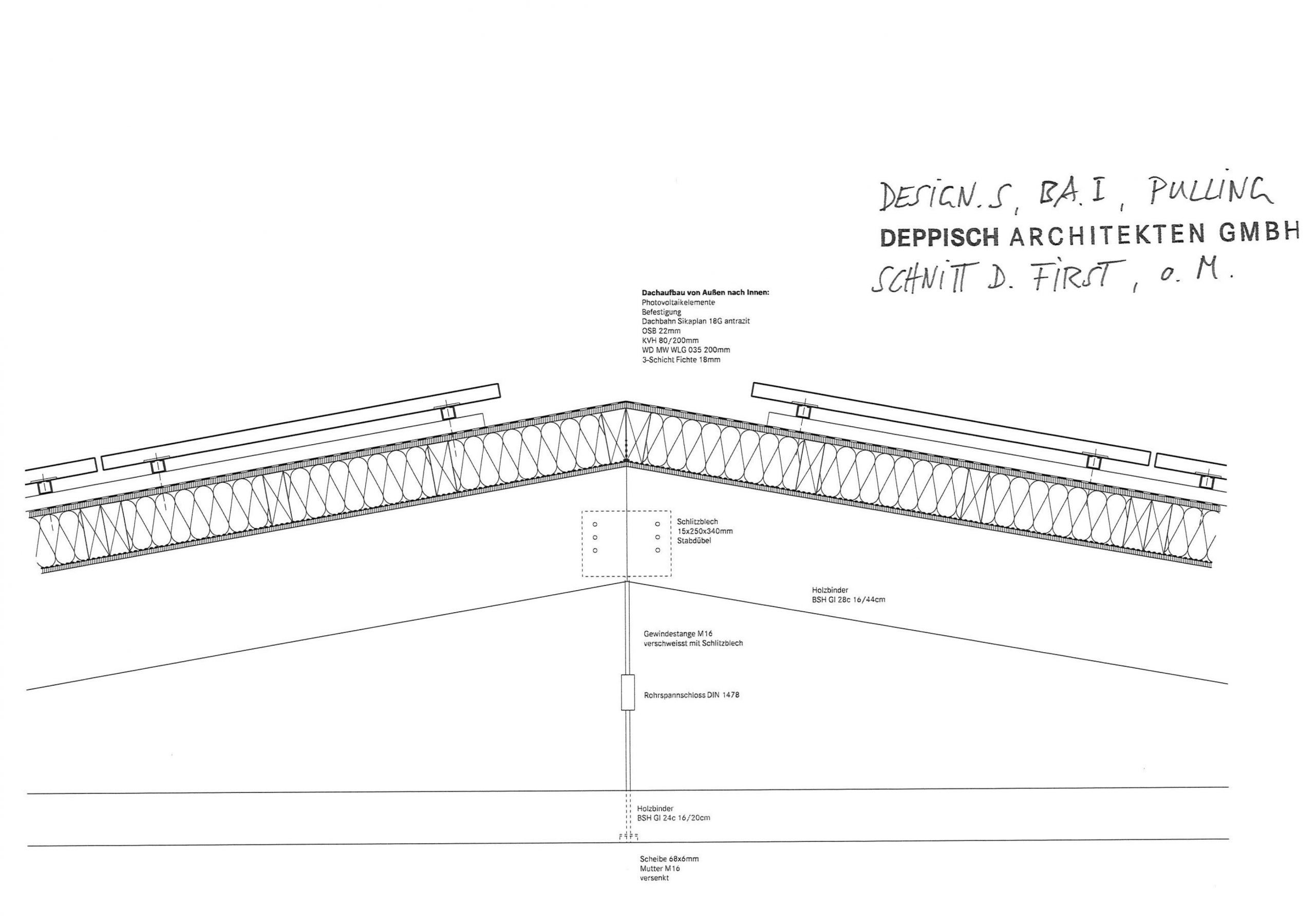Der Schnitt durch den Dachfirst der Halle Design.S in Pullingen zeigt das Montagesystem der PV-Module auf der Dachbahn.